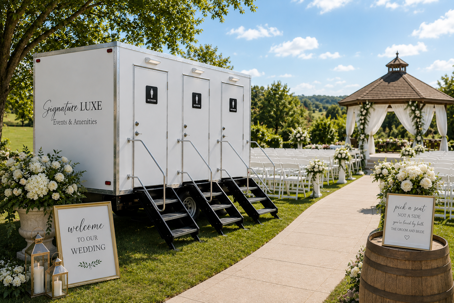 Luxury wedding restroom trailer rental in Lansing and Mid-Michigan